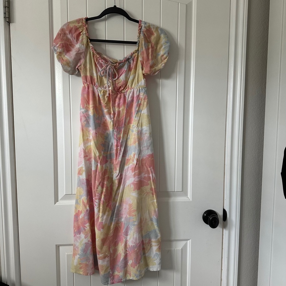 O'Neill Smocked Midi Dress Floral Print Puff Sleeve Tie‎ Front XS